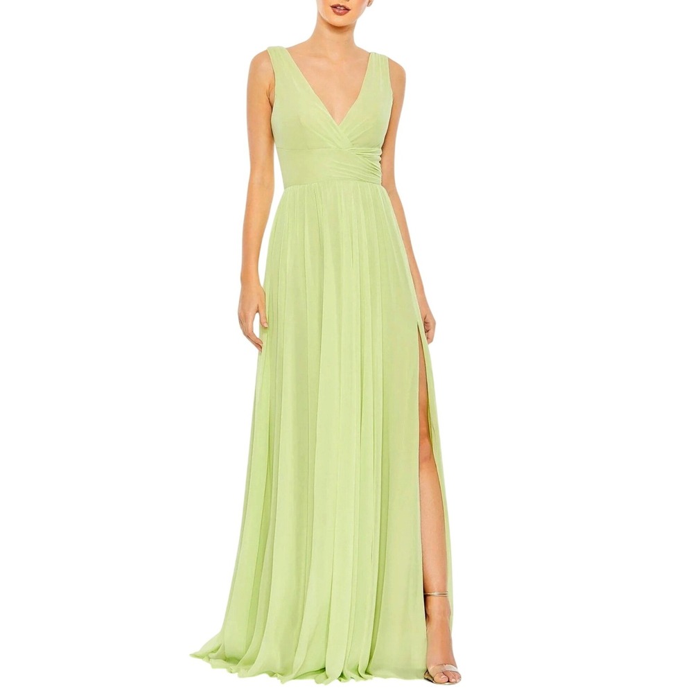 Ieena for Mac Duggal 55793 Lime Green V-Neck Chiffon Maxi Dress Slit 12 NEW